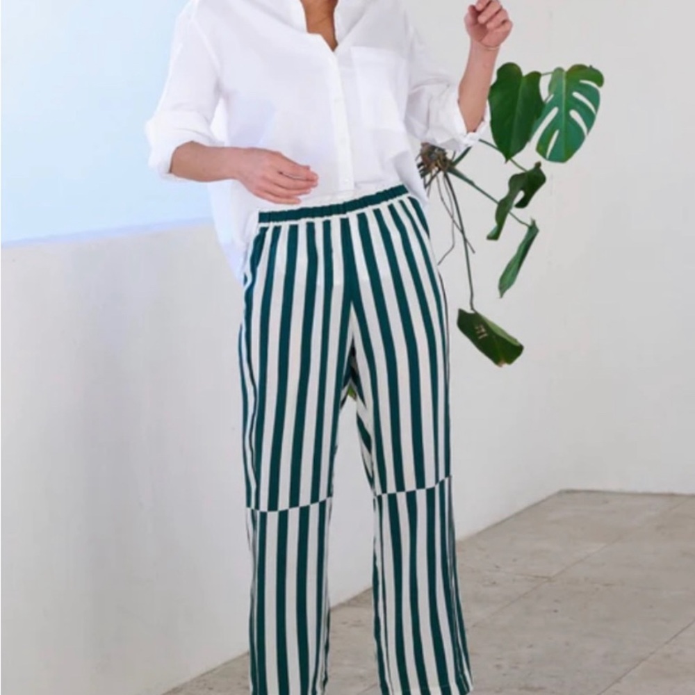AYR White and Green Vertical Stripe Wide-Leg Pants - Picture 2 of 2